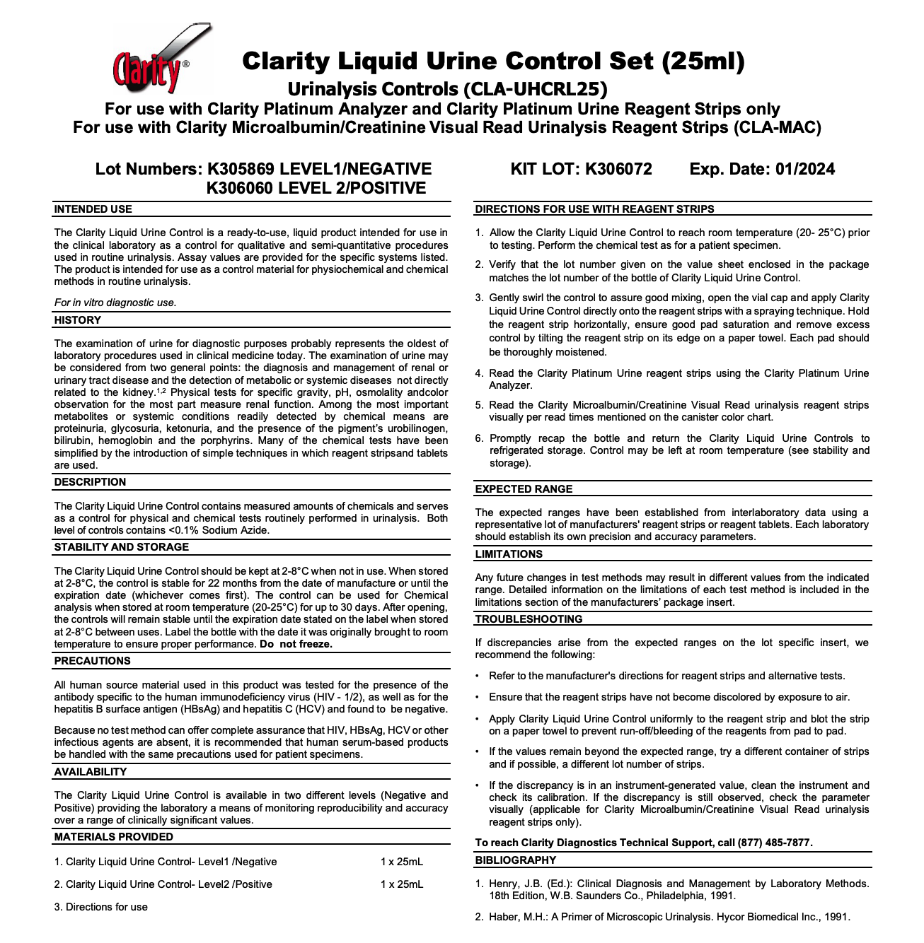 Clarity Diagnostics CLA-UHCRL25 Clarity Platinum Urine Liquid Controls