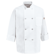 Load image into Gallery viewer, Red Kap 0413 White Chef Coat with Eight Pearl Buttons and Thermometer Pocket on Left Sleeve
