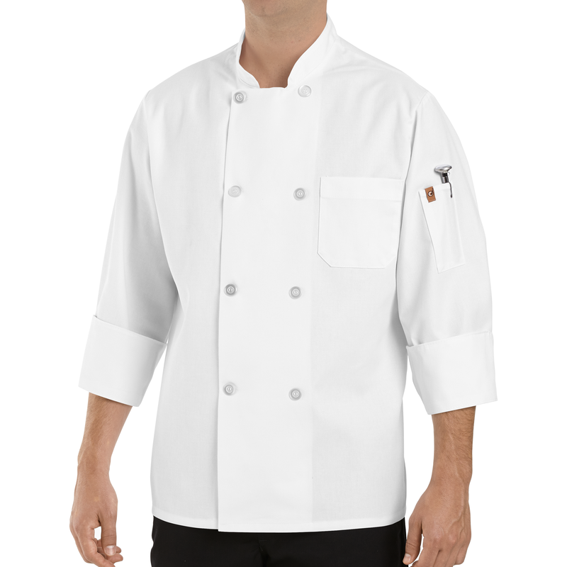 Red Kap 0413 White Chef Coat with Eight Pearl Buttons and Thermometer Pocket on Left Sleeve