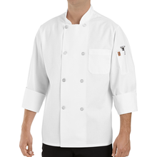 Load image into Gallery viewer, Red Kap 0413 White Chef Coat with Eight Pearl Buttons and Thermometer Pocket on Left Sleeve
