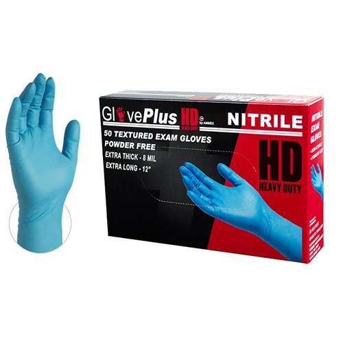GlovePlus GPNHD Heavy Duty Textured Exam Grade Nitrile Gloves - Powder Free, Extra Strong, Extra Long - Blue