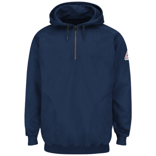 Bulwark SEH8NV Flame Resistant Pullover Hooded Fleece Sweatshirt With 1-4 Zip - Cotton-Spandex Blend (HRC 2 - 17 cal)