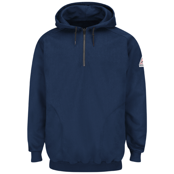 Bulwark SEH8NV Flame Resistant Pullover Hooded Fleece Sweatshirt With 1-4 Zip - Cotton-Spandex Blend (HRC 2 - 17 cal)