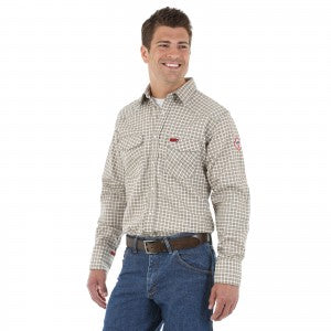 Wrangler FR124MM Flame Resistant Long Sleeve Plaid Shirt - Khaki-White (HRC 2 - 9.5 cal)